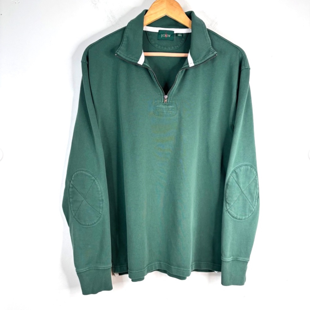 J Crew Oarsman 1/4 Zip Sweatshirt M Green Elbow Patch Heritage Old Money Preppy